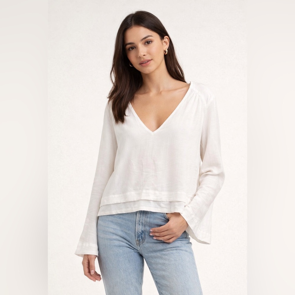 Free People Bell Sleeve V-Neck Blouse Women Large Cottagecore Western Boho
